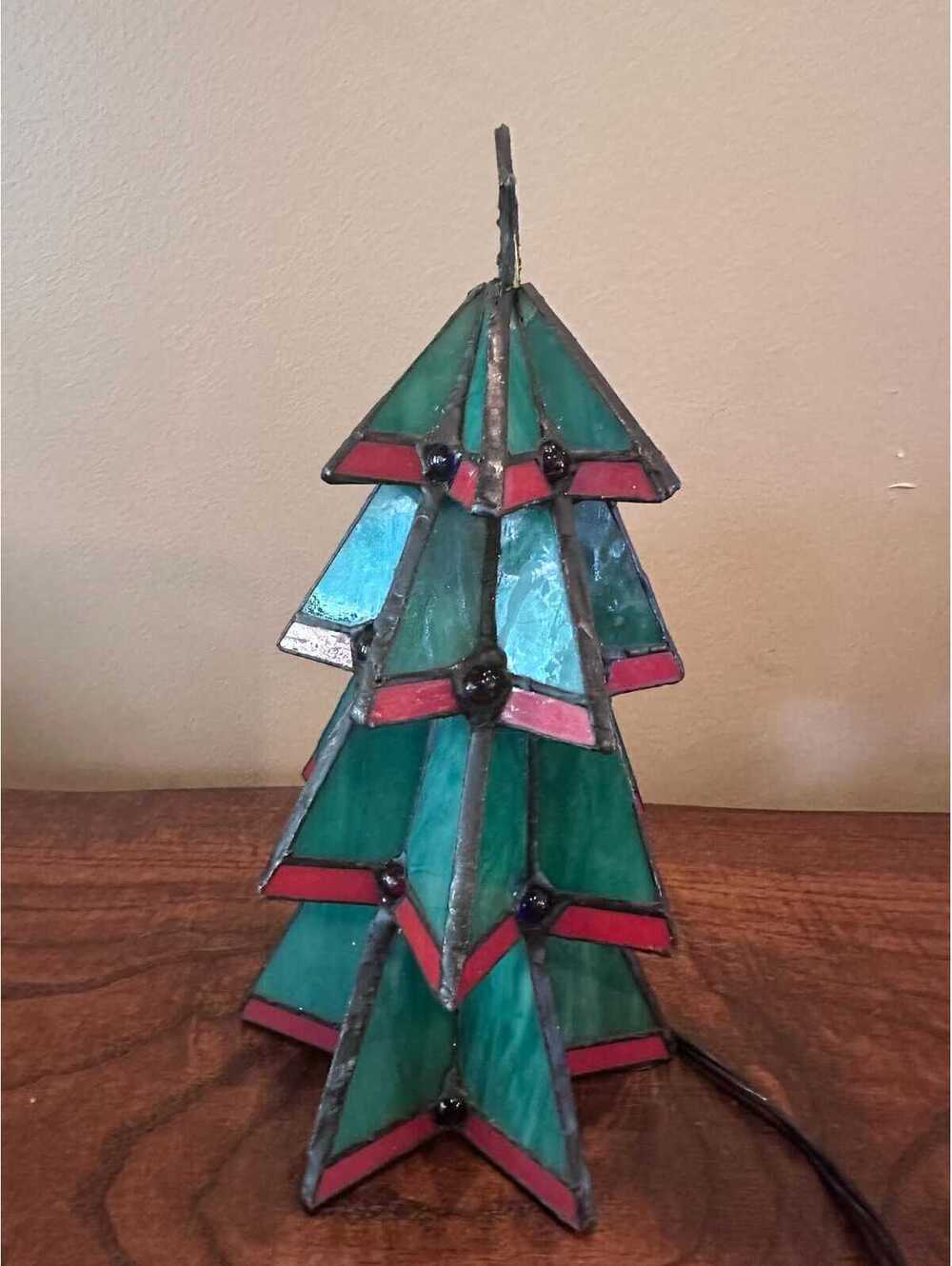 Vintage Tiffany-Style Stained Glass Christmas Tree Accent Lamp - Picture 2 of 6